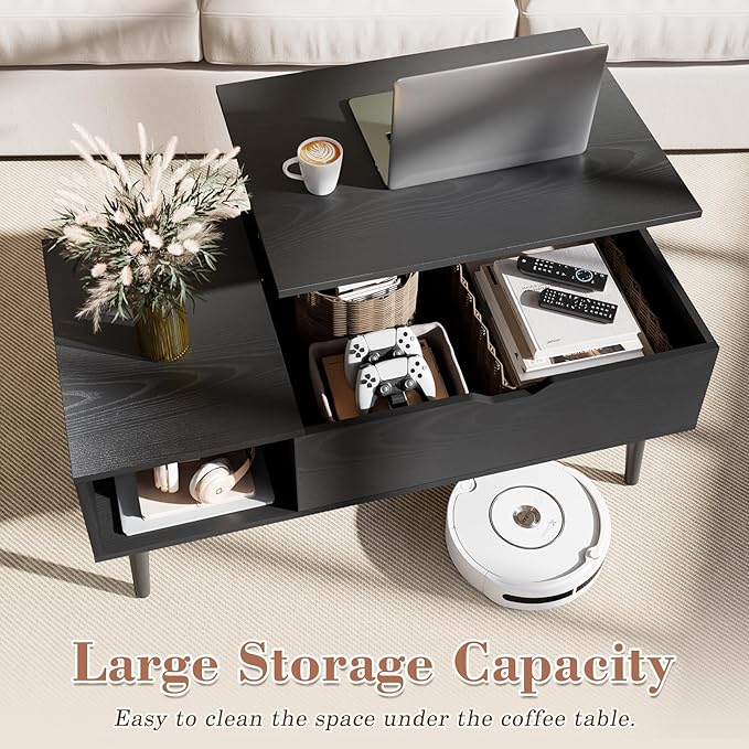 OLIXIS Wood Lift Top Coffee Table with Hidden Compartment and Large Storage Shelf, Lift Tabletop Dining Center Table for Home Living Room Office