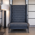 Tufted High Back Accent Chair with Carved Wooden Arms | Upholstered Living Room Lounge Chair