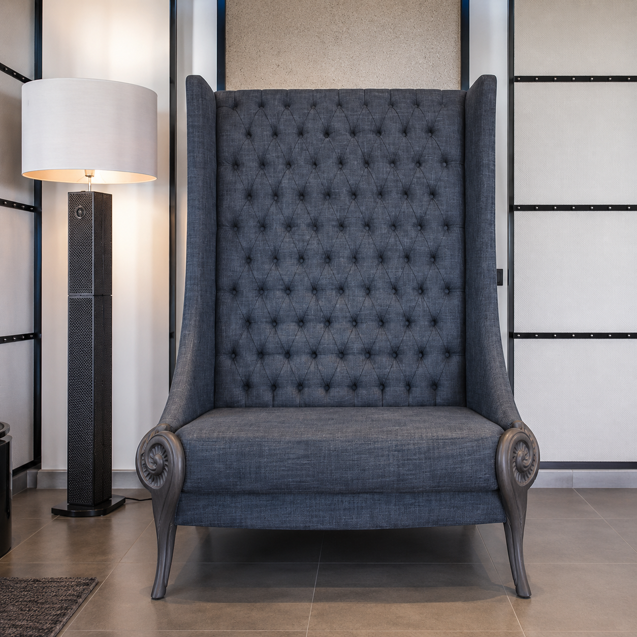 Tufted High Back Accent Chair with Carved Wooden Arms | Upholstered Living Room Lounge Chair