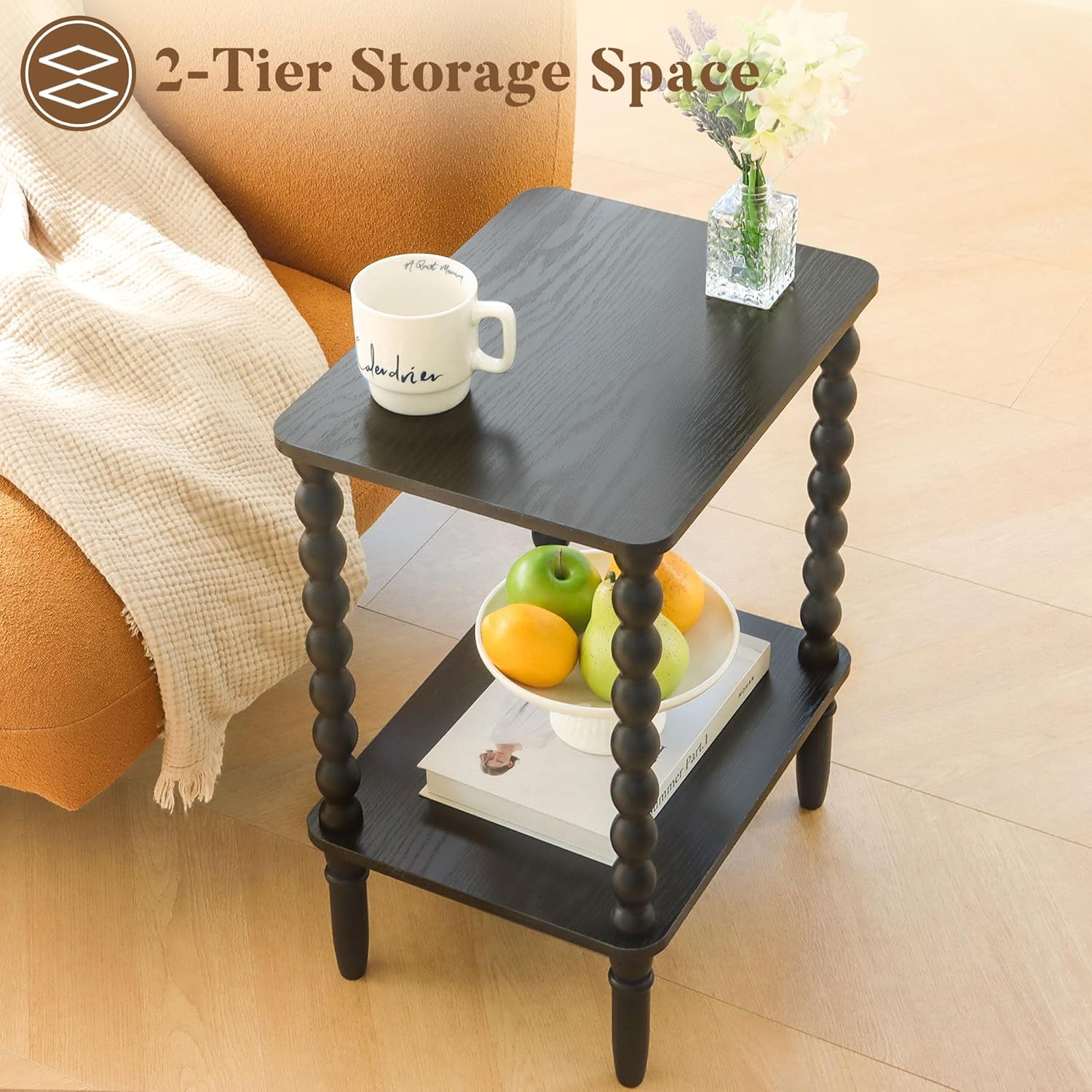 Side Table, Small End Table with Storage Shelf, 2-Tier Small Coffee Tables Living Room for Bedroom, Narrow Spaces (Rustic Brown)