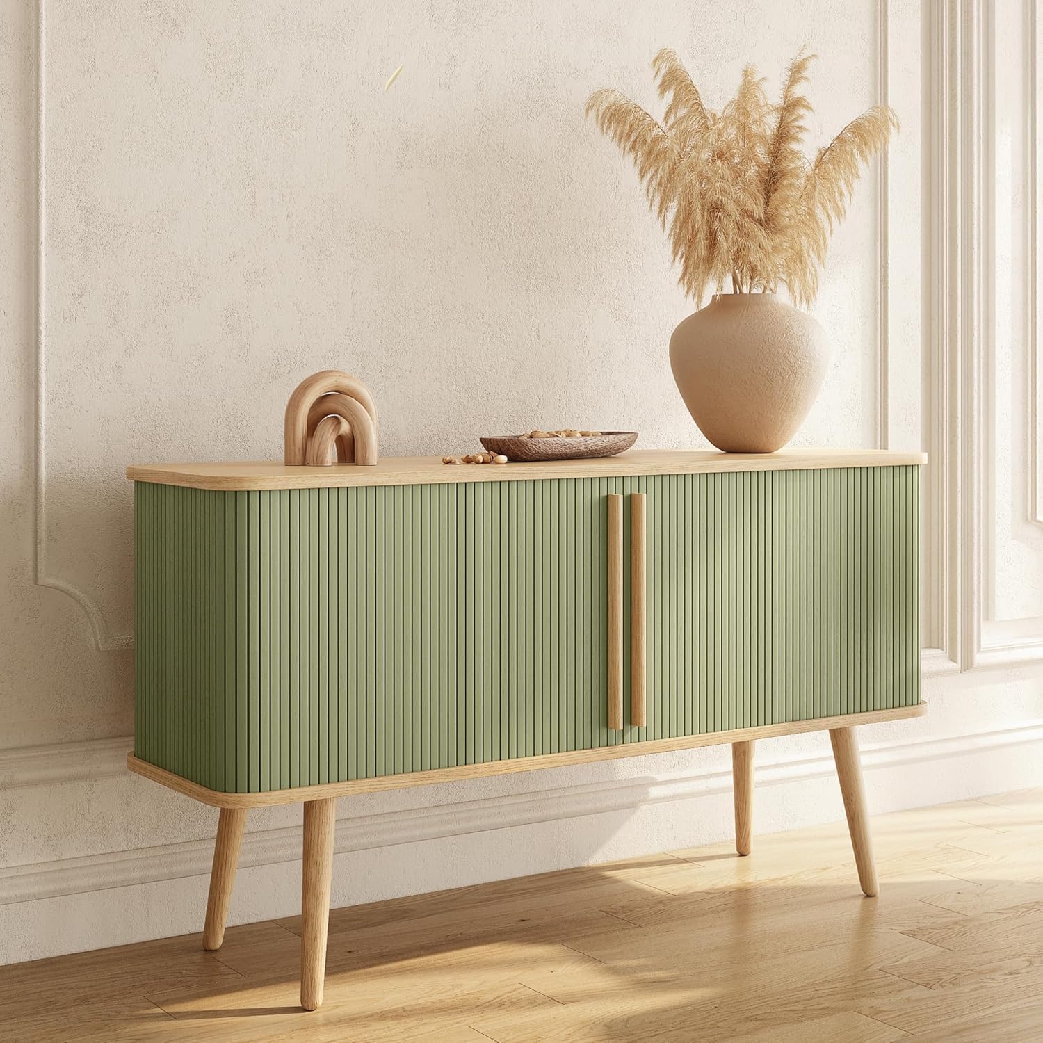 Modern Green Fluted Wooden Sideboard Cabinet with Storage