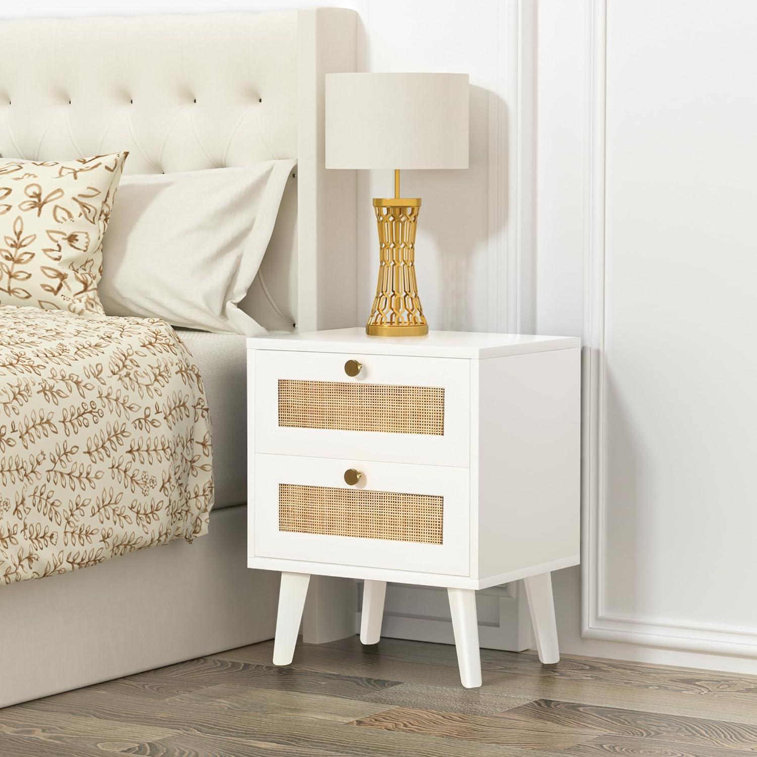 Anmytek White Nightstand, Farmhouse Rattan Bedside Table with 2 Drawers - Ouch Cart 