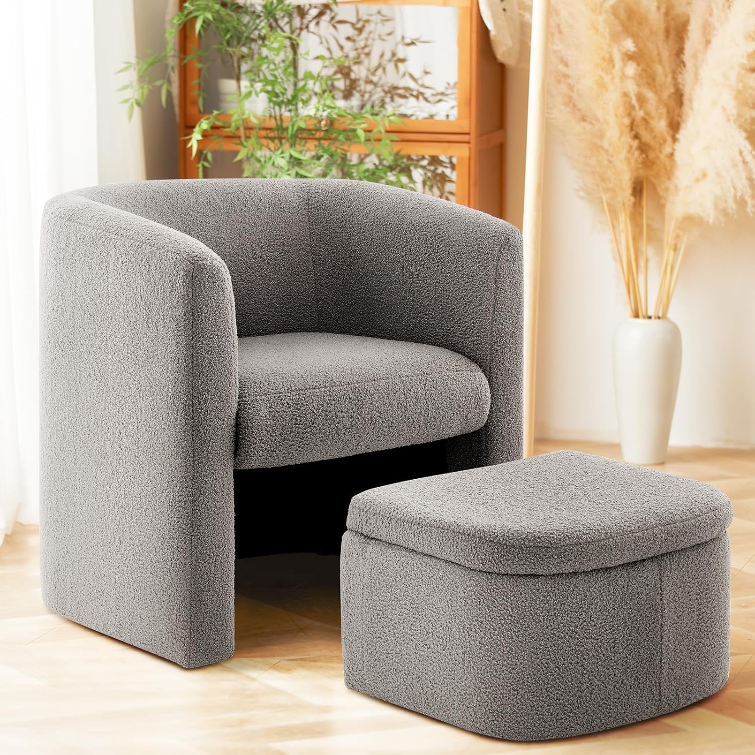 Modern Upholstered Barrel Accent Chair with Storage Ottoman