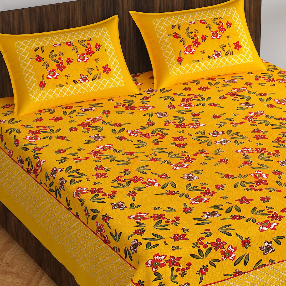 Jaipuri Cotton Double Queen Bedsheet with 2 Pillow Covers | 160 Thread Count | Fine Floral Screen Print | Soft & Comfortable Flat Bedsheet for Summer