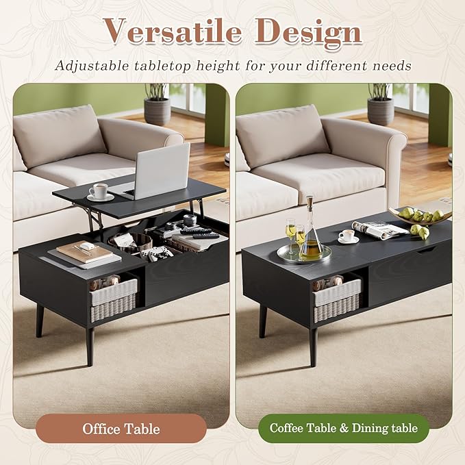 OLIXIS Wood Lift Top Coffee Table with Hidden Compartment and Large Storage Shelf, Lift Tabletop Dining Center Table for Home Living Room Office