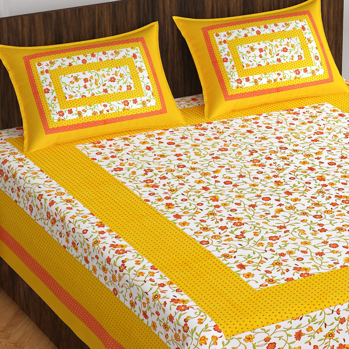 Fabrics Jaipur 100% Cotton Jaipuri Double Queen Bedsheet with 2 Pillow Covers | Bindiya Yellow | 160 TC | Superfine Floral Screen Print | Summer Bedsheet