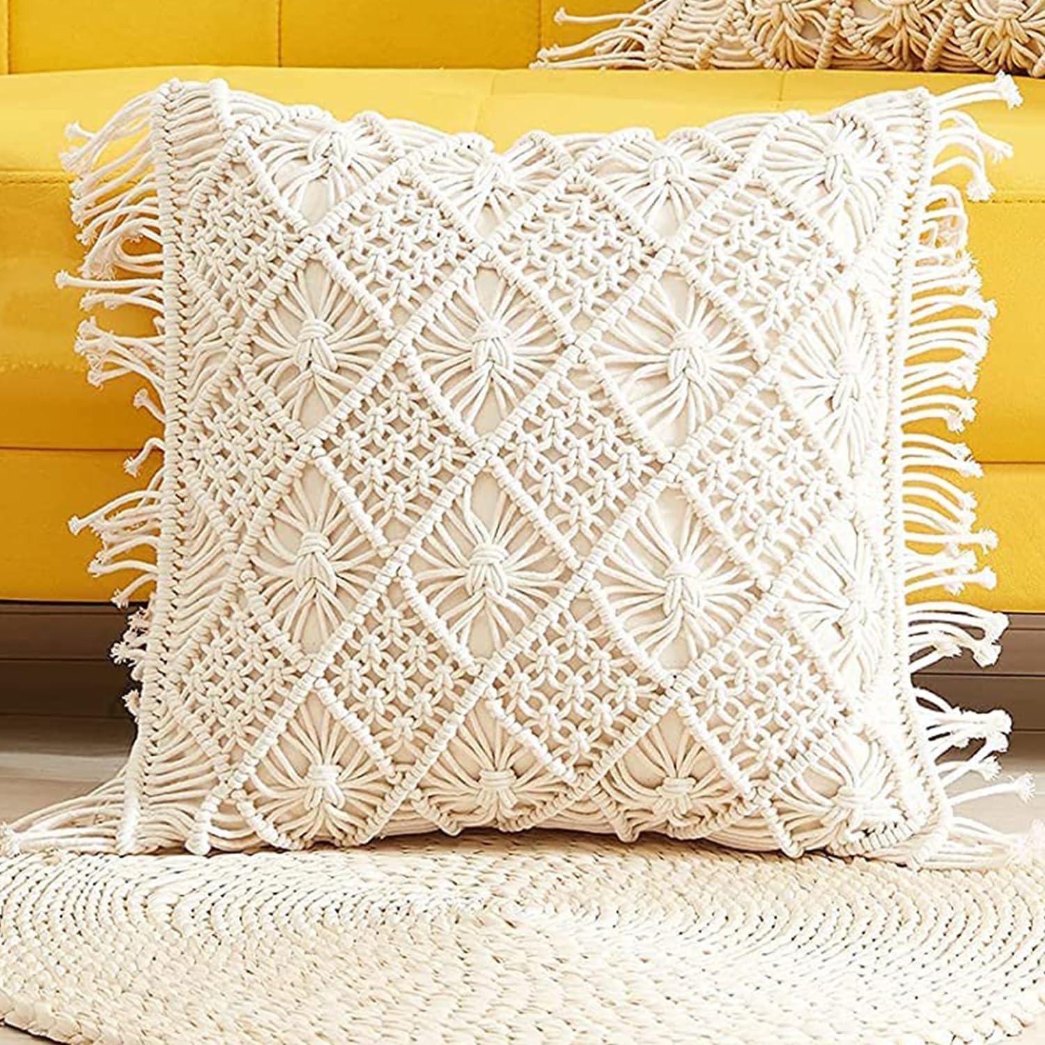 Off-White Cotton Macrame Cushion Cover, 16 x 16 Inch, Bohemian Design