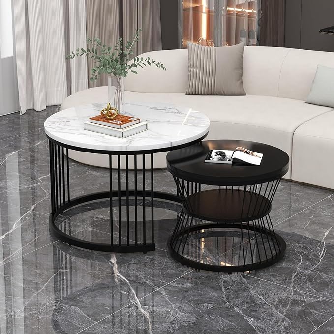 Shop Round Modern Nesting Coffee Table Set of 2 at Ouch Cart! Features marble veneer tops & sturdy metal frames—buy now at a heavy discount to elevate any space!- OUCHCART