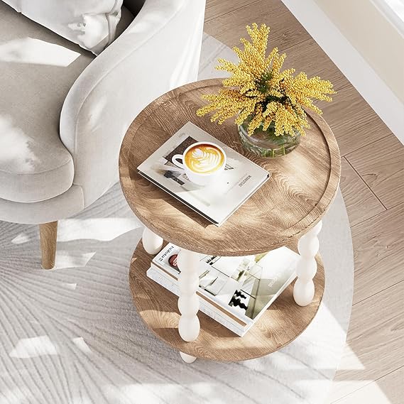Handcrafted Round Farmhouse End Table, 2-Tier Wooden Side Table with Pine Legs for Living Room & Bedroom