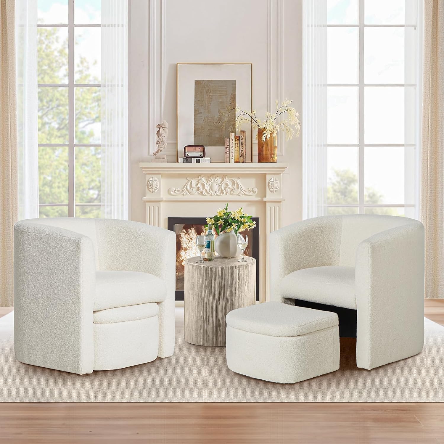 Modern Upholstered Barrel Accent Chair with Storage Ottoman  Set of 2