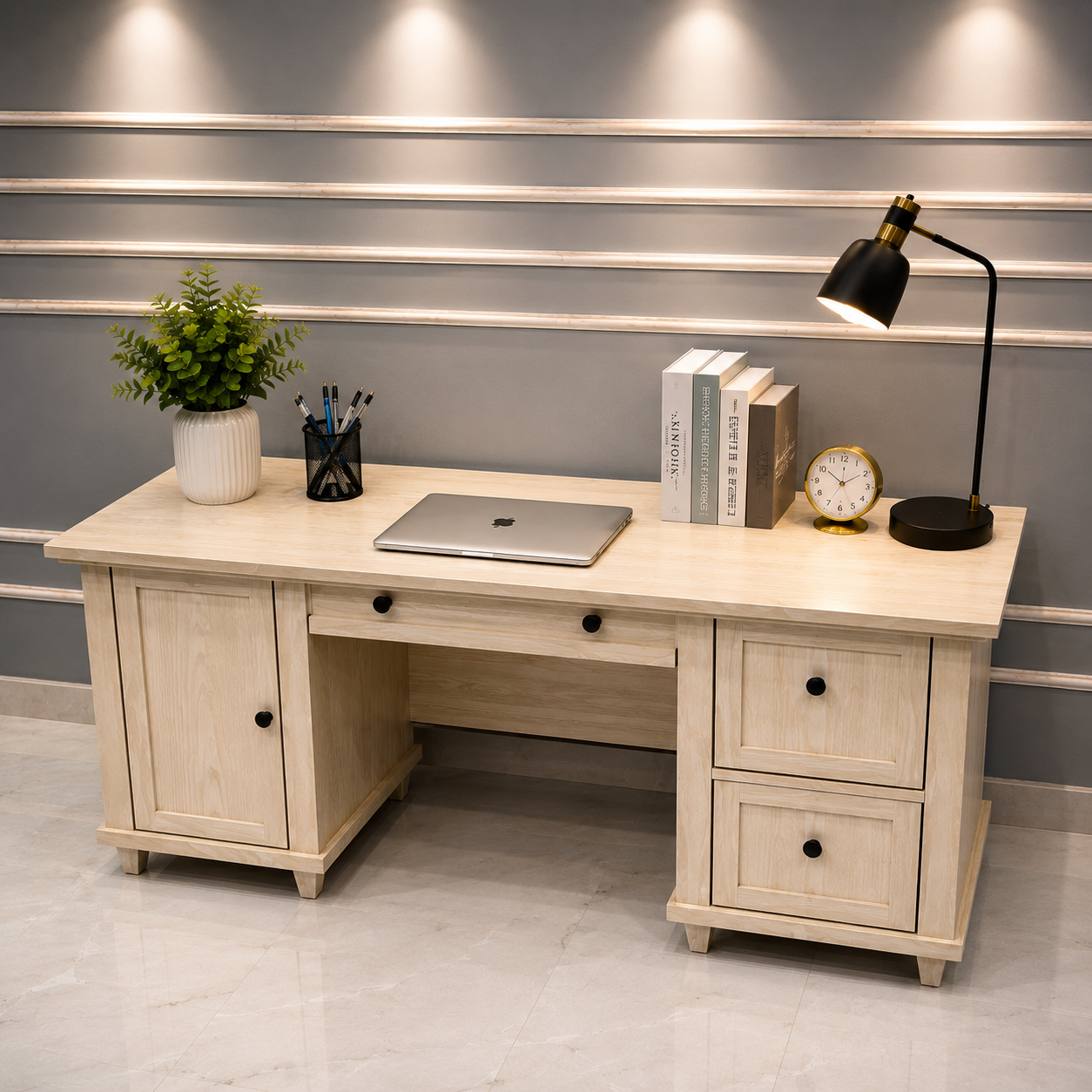 Modern Wooden Office Desk with Storage Cabinet & File Drawers