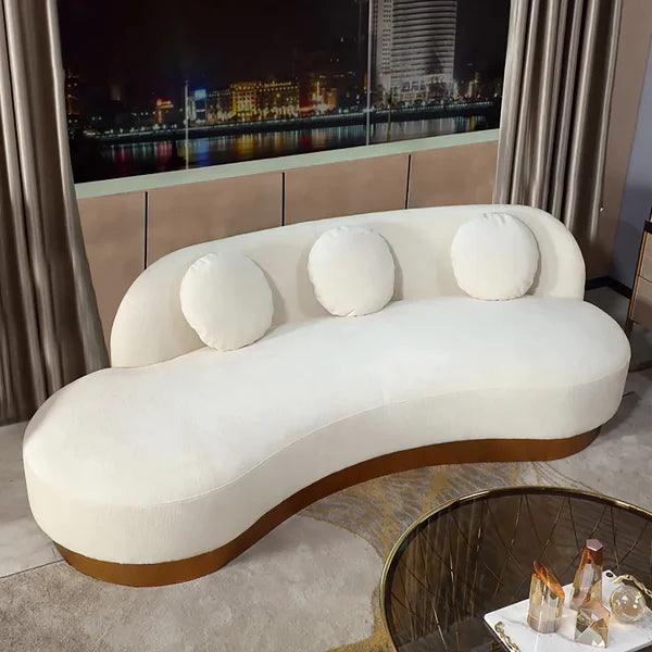 Maricel Gold Velvet Curved Sofa for 3 Seaters with Pillows & Stainless Steel Base - Ouch Cart 