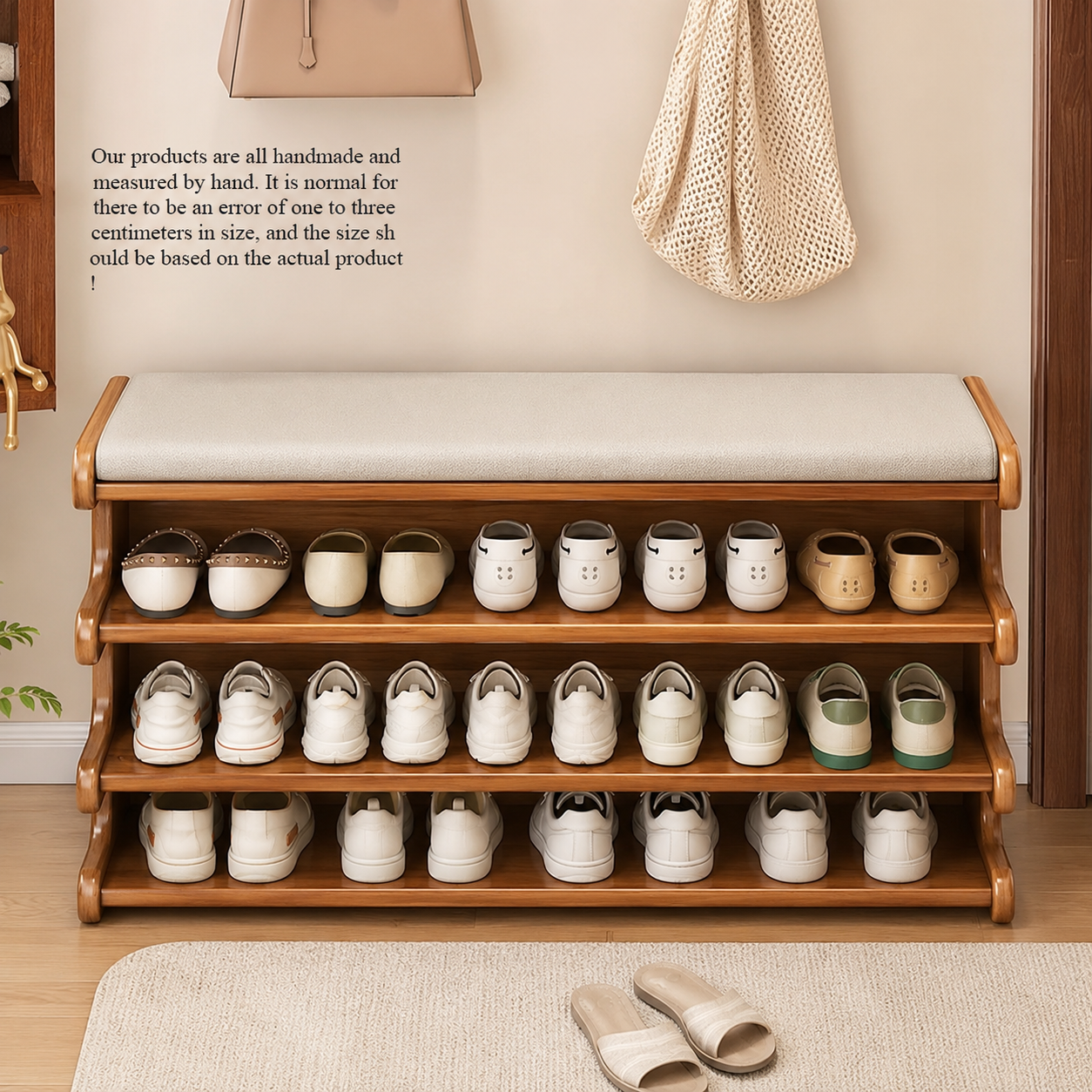 Wooden Shoe Rack Bench with Cushioned Seat | 4-Tier Open Shoe Storage Organizer | Entryway Shoe Shelf for Hallway, Bedroom & Living Room