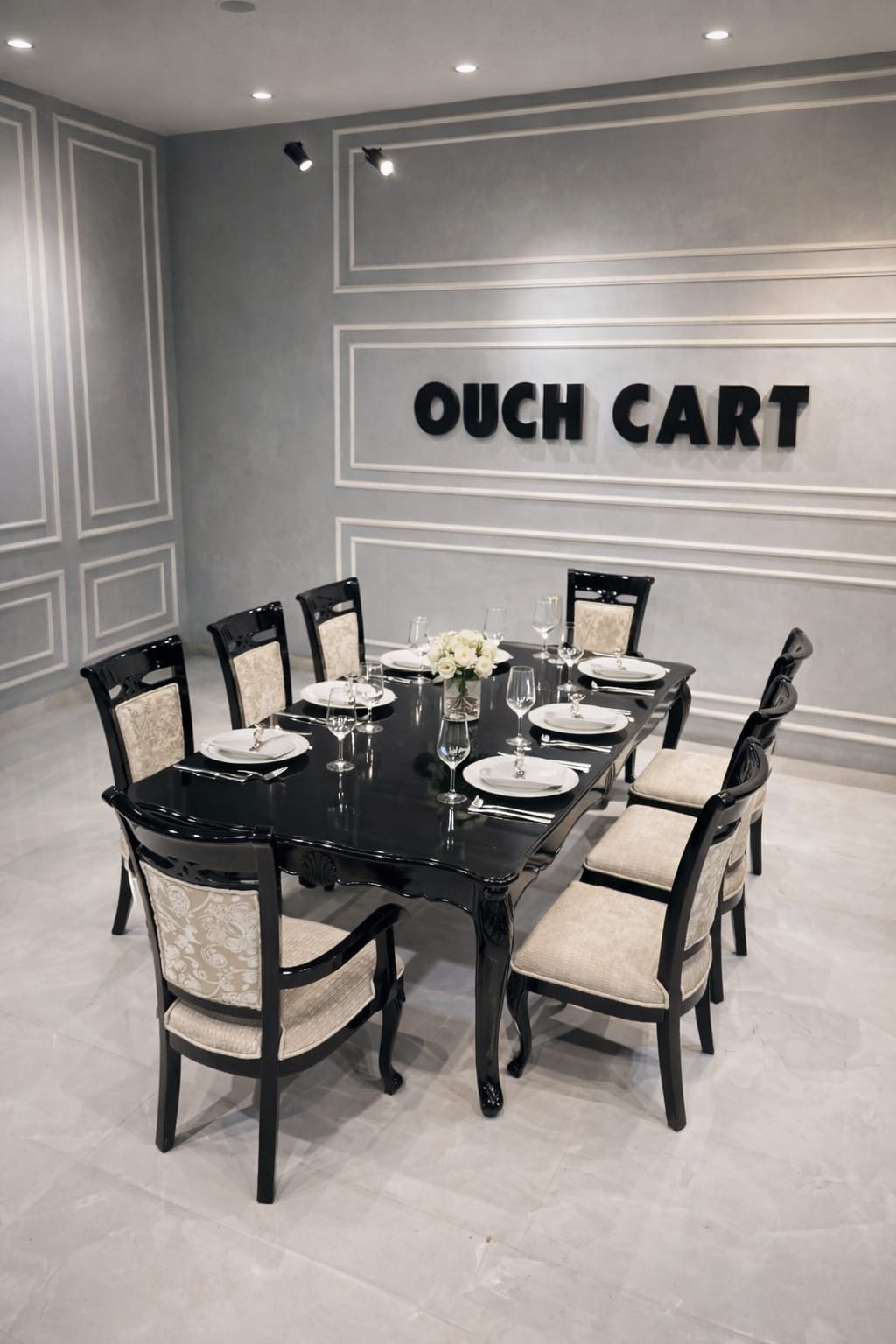 Luxury Black High Gloss 8-Seater Dining Table Set with Upholstered Chairs