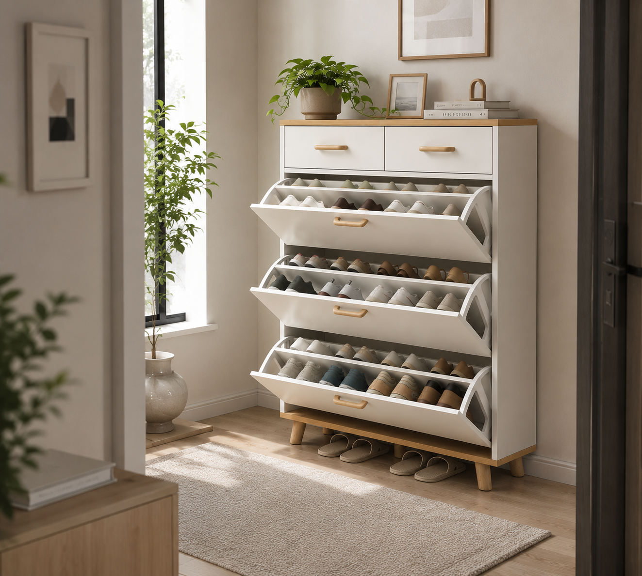 Modern Wooden Shoe Cabinet with Flip Drawers | Space-Saving Entryway Shoe Storage Organizer | Ouch Cart