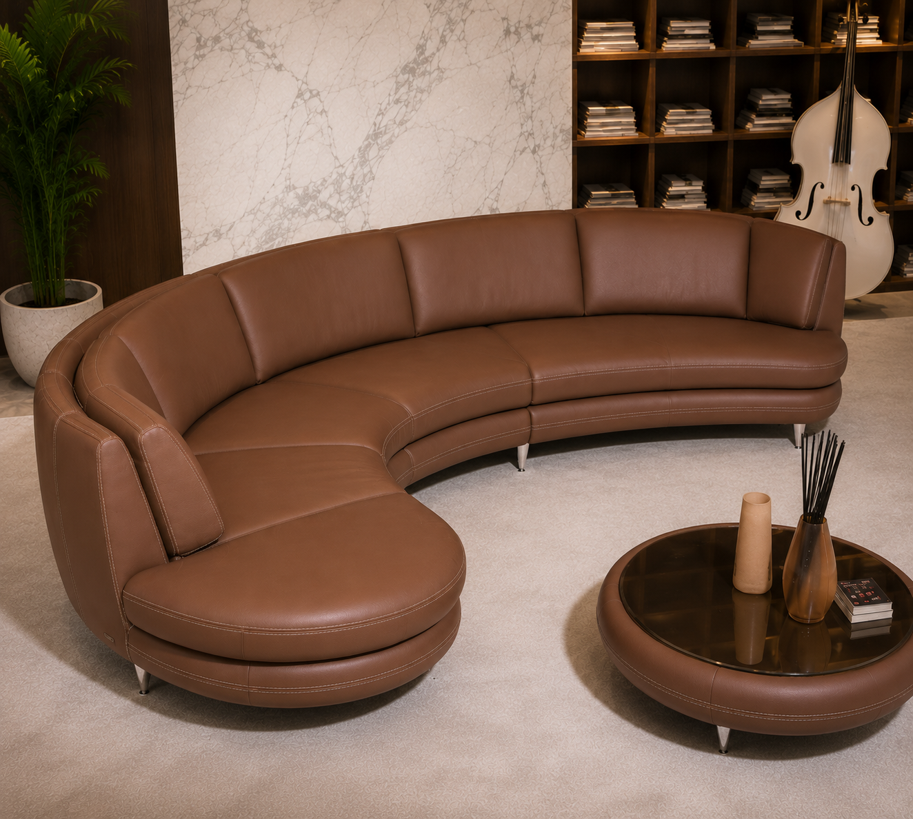 Modern Curved Leather Sectional Sofa Set for Living Room | Premium Brown Designer Corner Couch | Luxury Contemporary Lounge Sofa