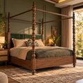Luxury Wooden Four Poster Bed with Green Upholstered Headboard, Walnut Finish, Elegant Canopy Bed for Bedroom
