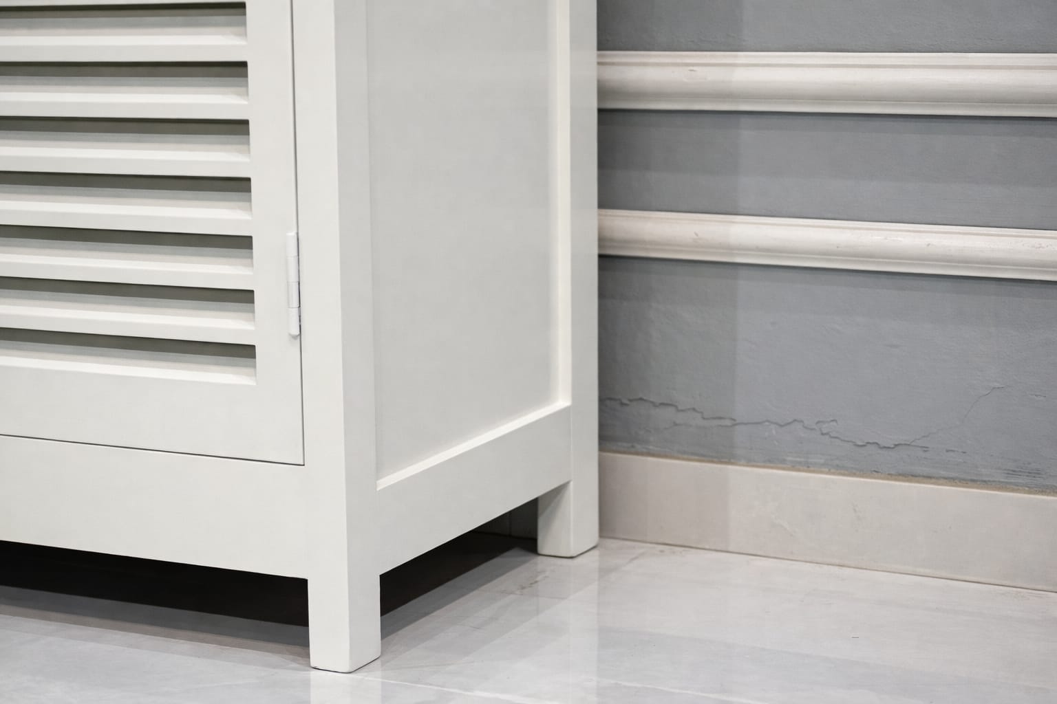 Modern White Wooden Storage Cabinet with Louvered Doors | Compact Console & Utility Unit