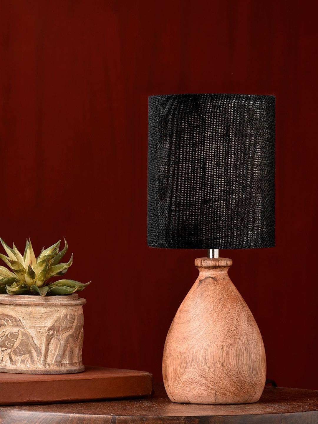 Wooden Dome Table Lamp with Jute Black Shade - Ouch Cart 