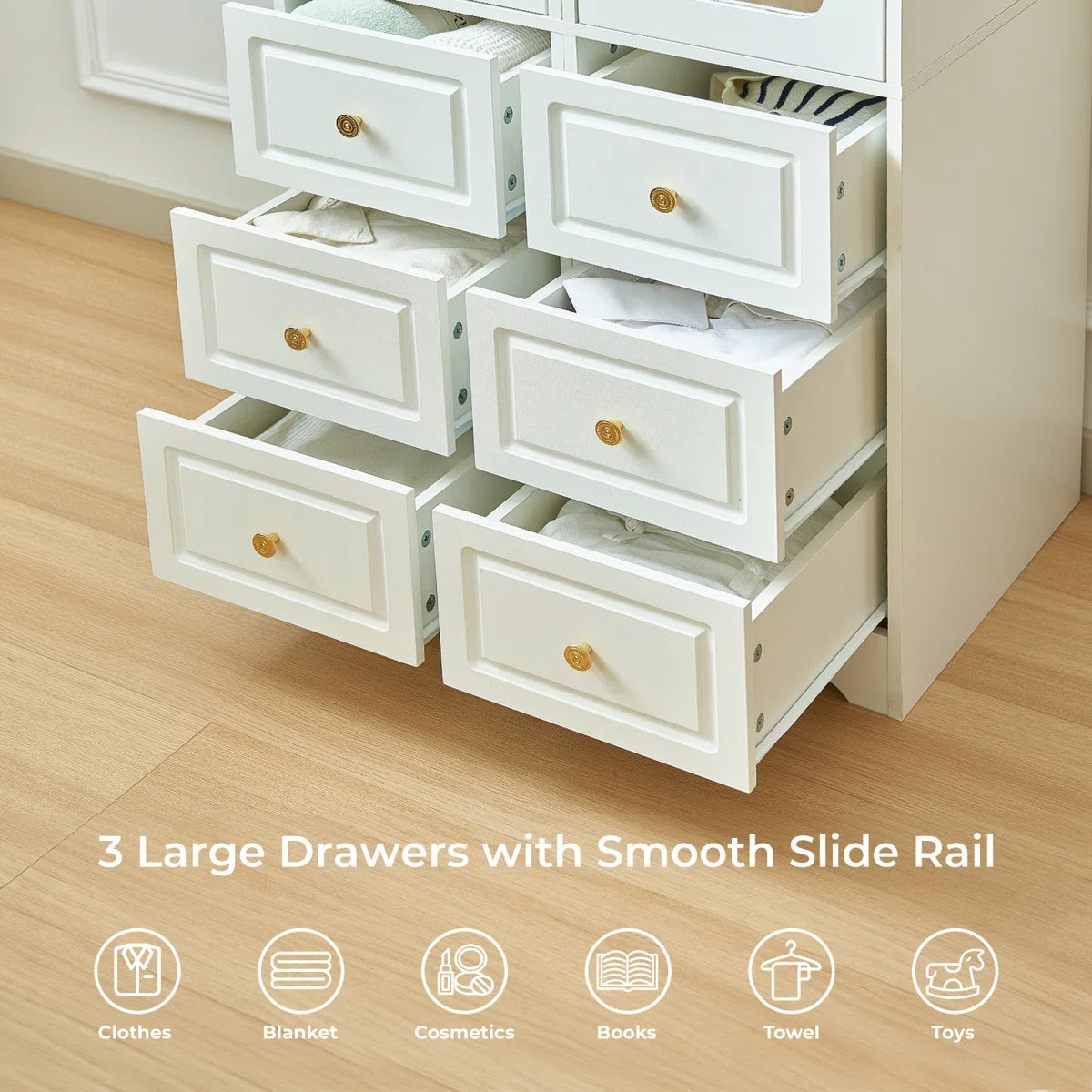 Armoire Wardrobe Closet & Wardrobe Cabinet With 6 Drawers And 2 Mirrors & With Hanging Rod & Sensor Lights