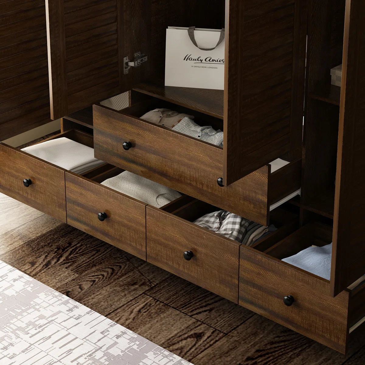 Ardit 59" Wide White Wardrobe with Louvered Doors and 5 Drawers, Freestanding Armoire Closet with Hanging Rods and Shelves