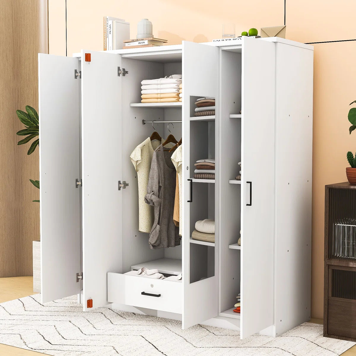 Contemporary Wooden Freestanding Wardrobe with Built-in Mirrors and Lockable Drawer