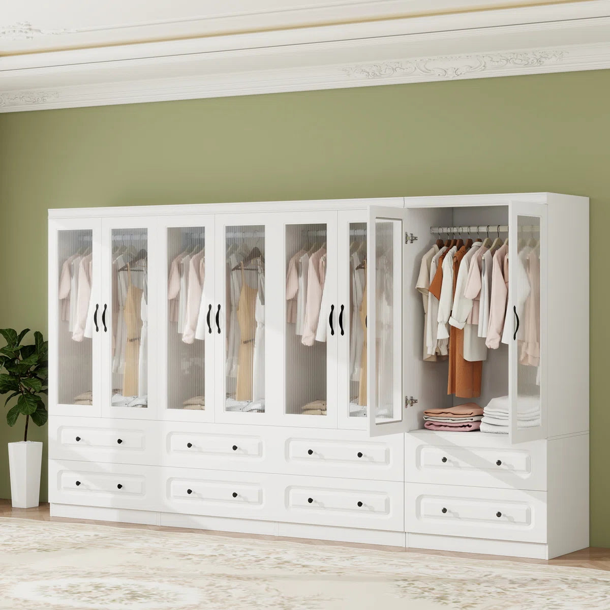 White Armoire Wardrobe Closet With 8 Doors, Black Handles, Deep Drawers, And Glass Doors – Large Wardrobe Closet For Bedroom, Closet Organizers and Storage, Wardrobe Closet With Drawers, White Closet