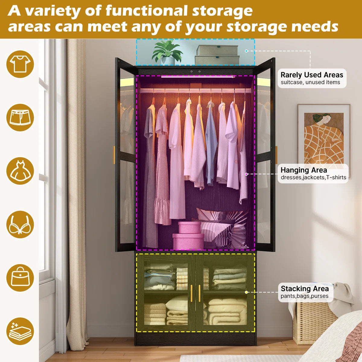 4-Door 71" H Armoire With LED Sensor Light And Hanging Rod