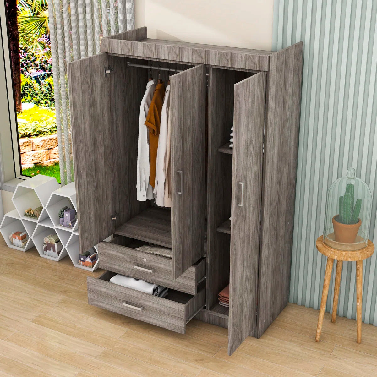 Carene Wood 2 Drawers 3-Doors Wardrobe with Shelves