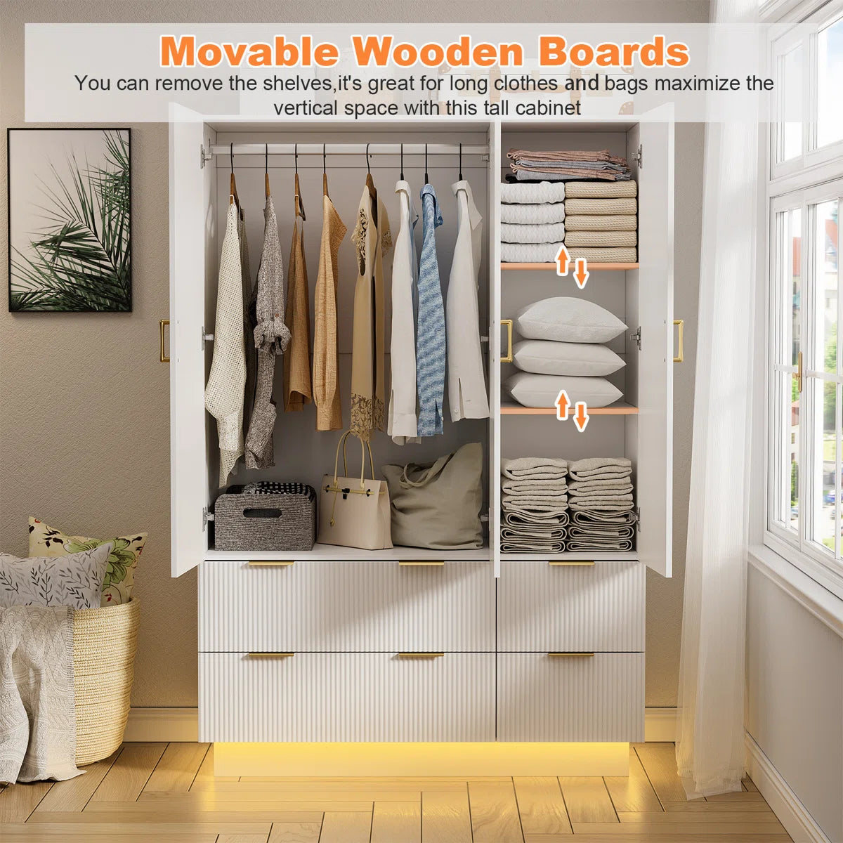 Armoire Wardrobe Closet With 3 Door, Mirror And Led Lights