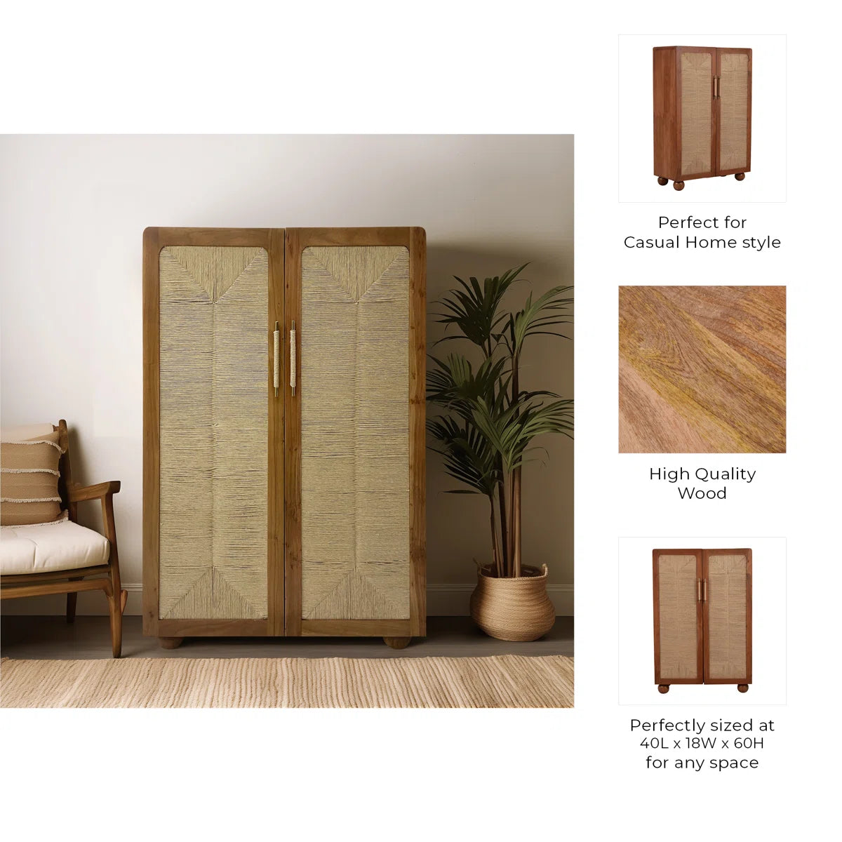Neutral Modern 60" Acacia Wood Armoire, Brown, Rectangle - 40" x 18" x 60"