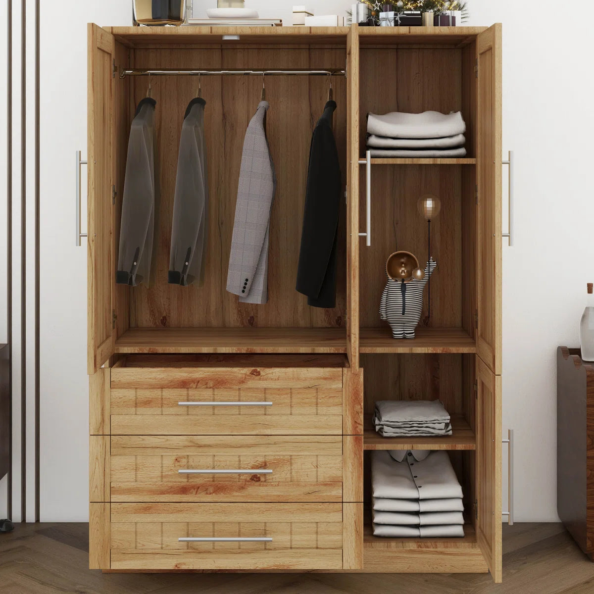 4 Door Wardrobe Armoire Closet With 3 Drawers And Hanging Rail