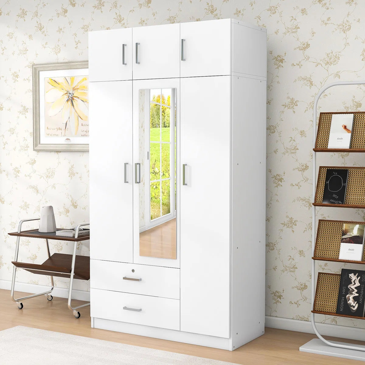 Izzat Wood Freestanding Wardrobe with Built-In Mirror, 2 Drawers and Top Cabinet