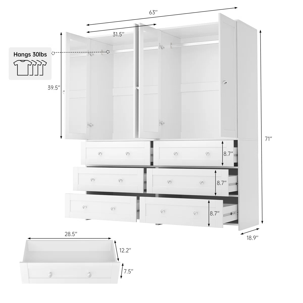 4-Door Sandrea With Mirror, Wardrobe Closet With 6 Drawers