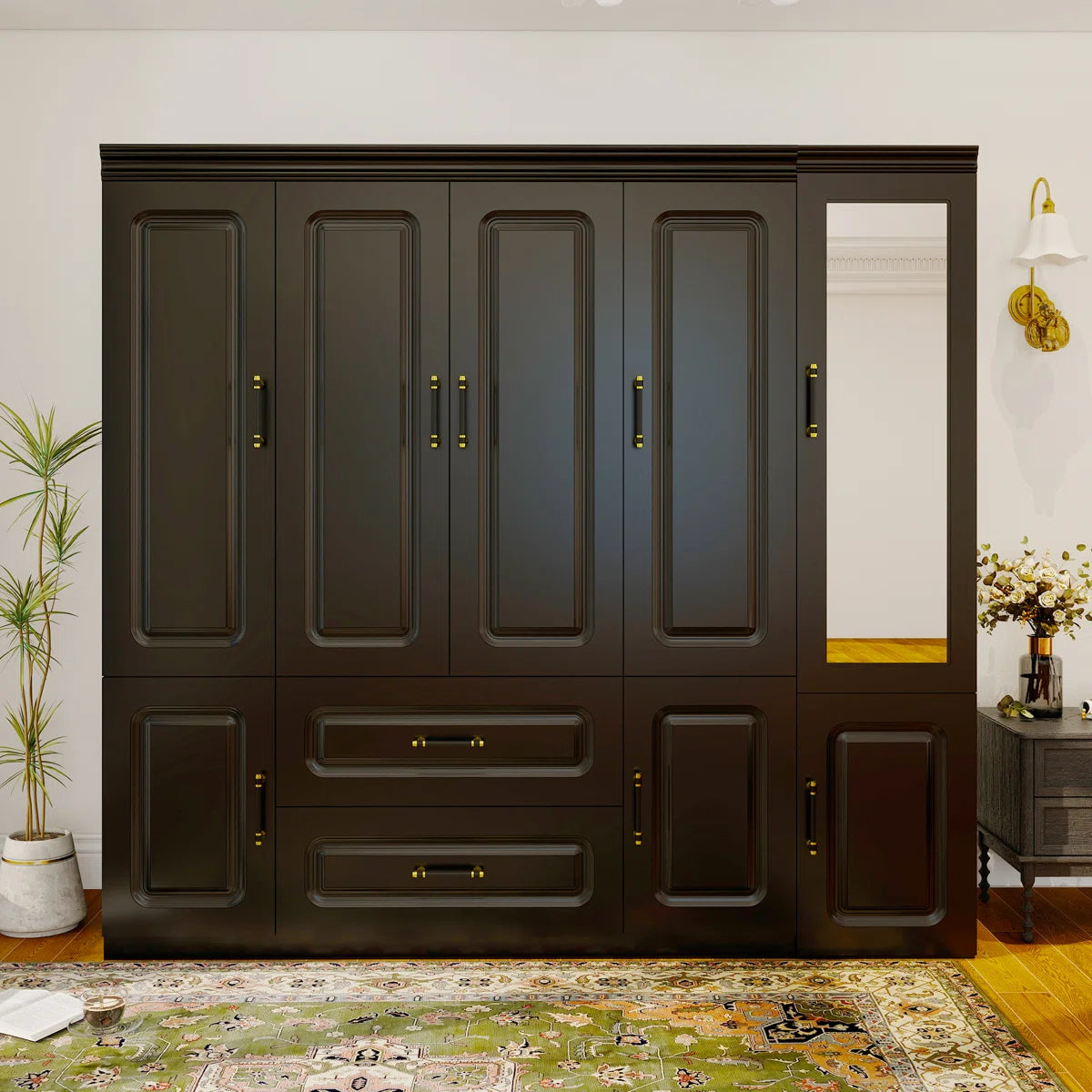 2-Piece Solid Manufactured Wood Armoire Wardrobe with Shelves, Freestanding Wardrobe Armoire with Mirror Door, Black