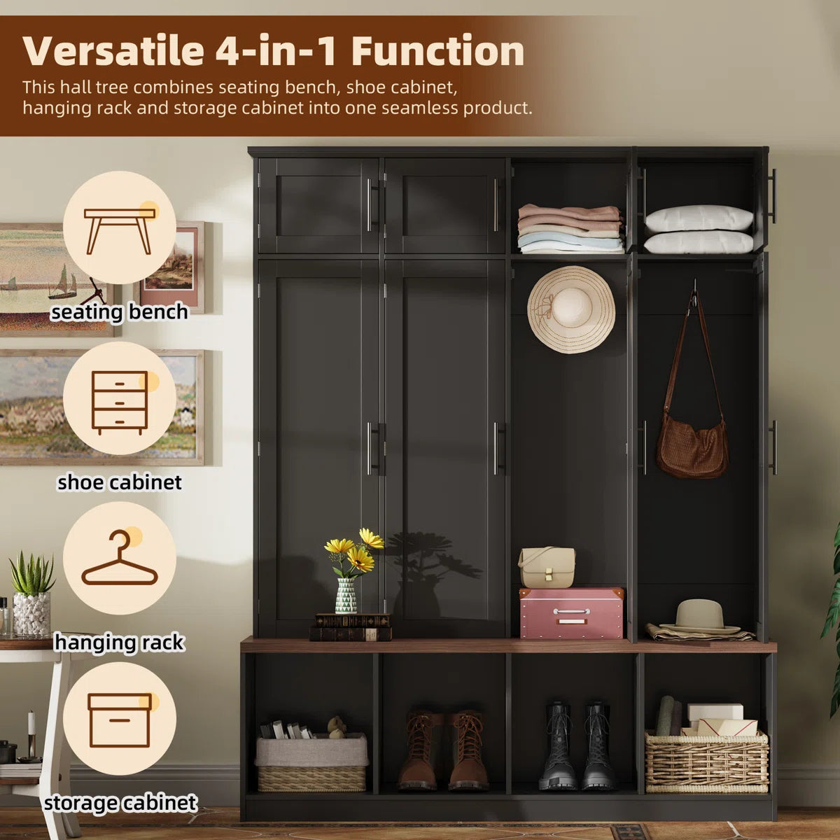 Farmhouse Hall Tree Wardrobe Closet & Cabinet - Functional Clothes Storage With 4 Hidden Hanging Hooks,White
