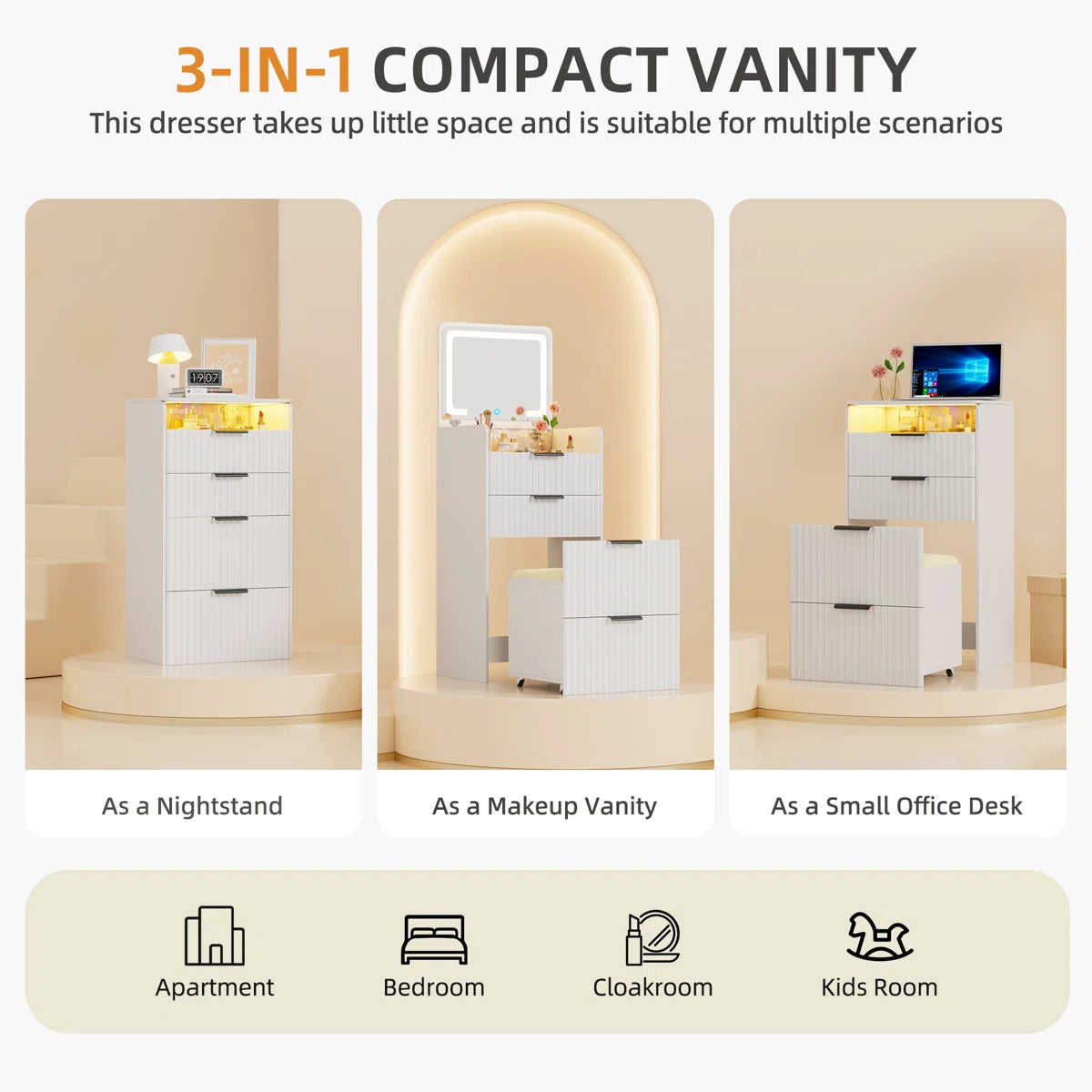 Space-Saving Vanity Desk with Flip-Up LED Mirror, Glass Drawer Storage, and Hidden Stool