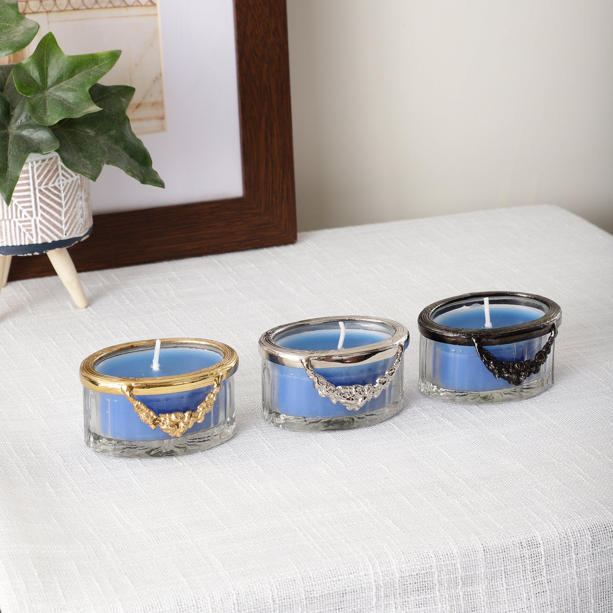 ocean breeze blue Scented candle jar with Silver ring