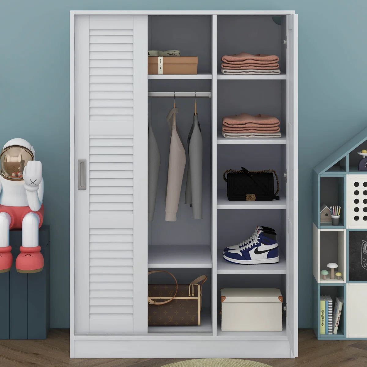 Solid Wood Wardrobe With 3 Louvered Sliding Doors, Shelves Included, Clothing Storage Cabine