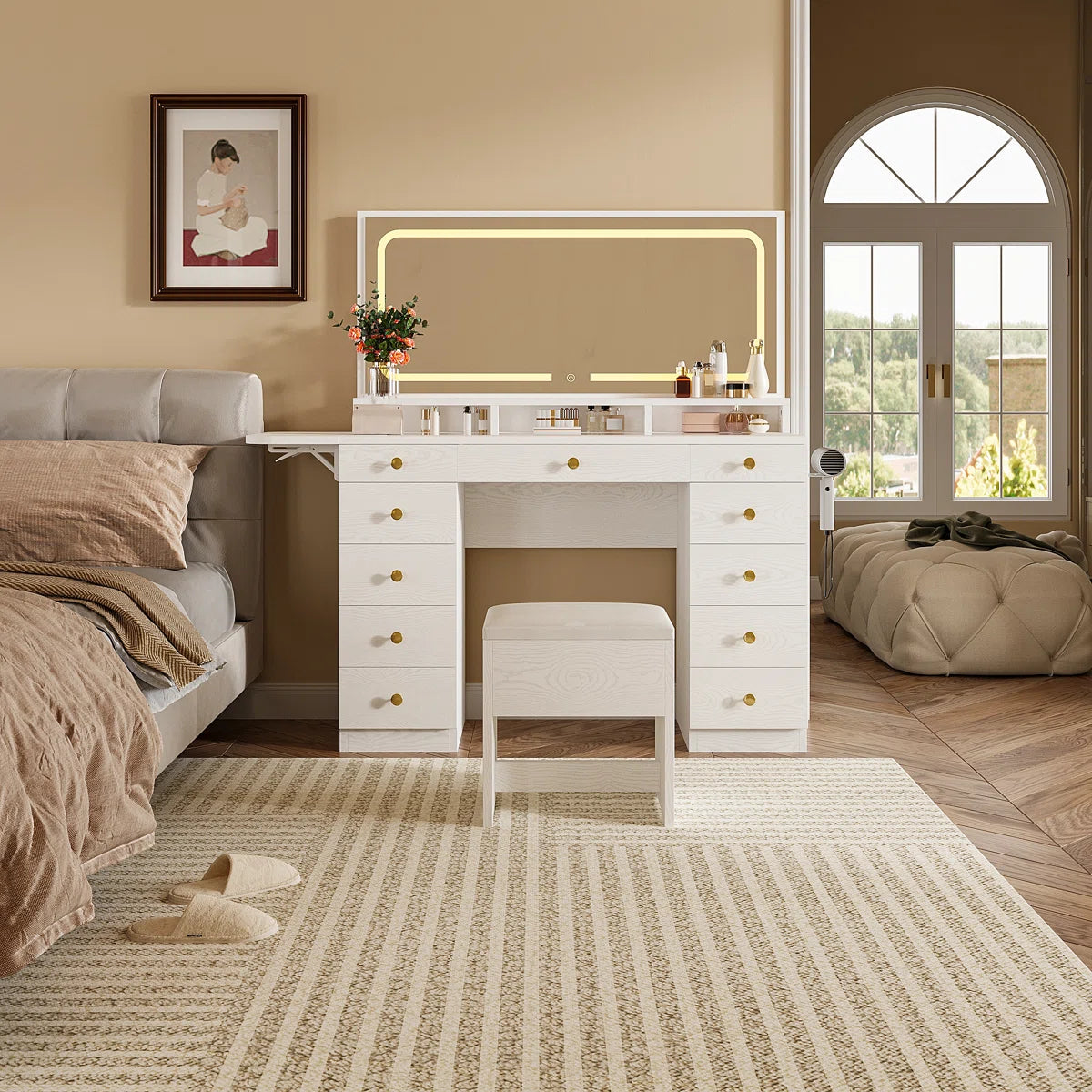 46’’ Makeup Vanity Set with LED Lights, Mirror, Power Outlet, 11 Drawers, and Matching Stool