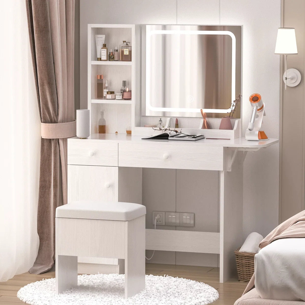 Vanity Desk with LED Lighted Mirror, Power Outlet, 2 Drawers, 3 Cubbies & Bookcase Storage for Bedroom- OUCH CART | Dressing table