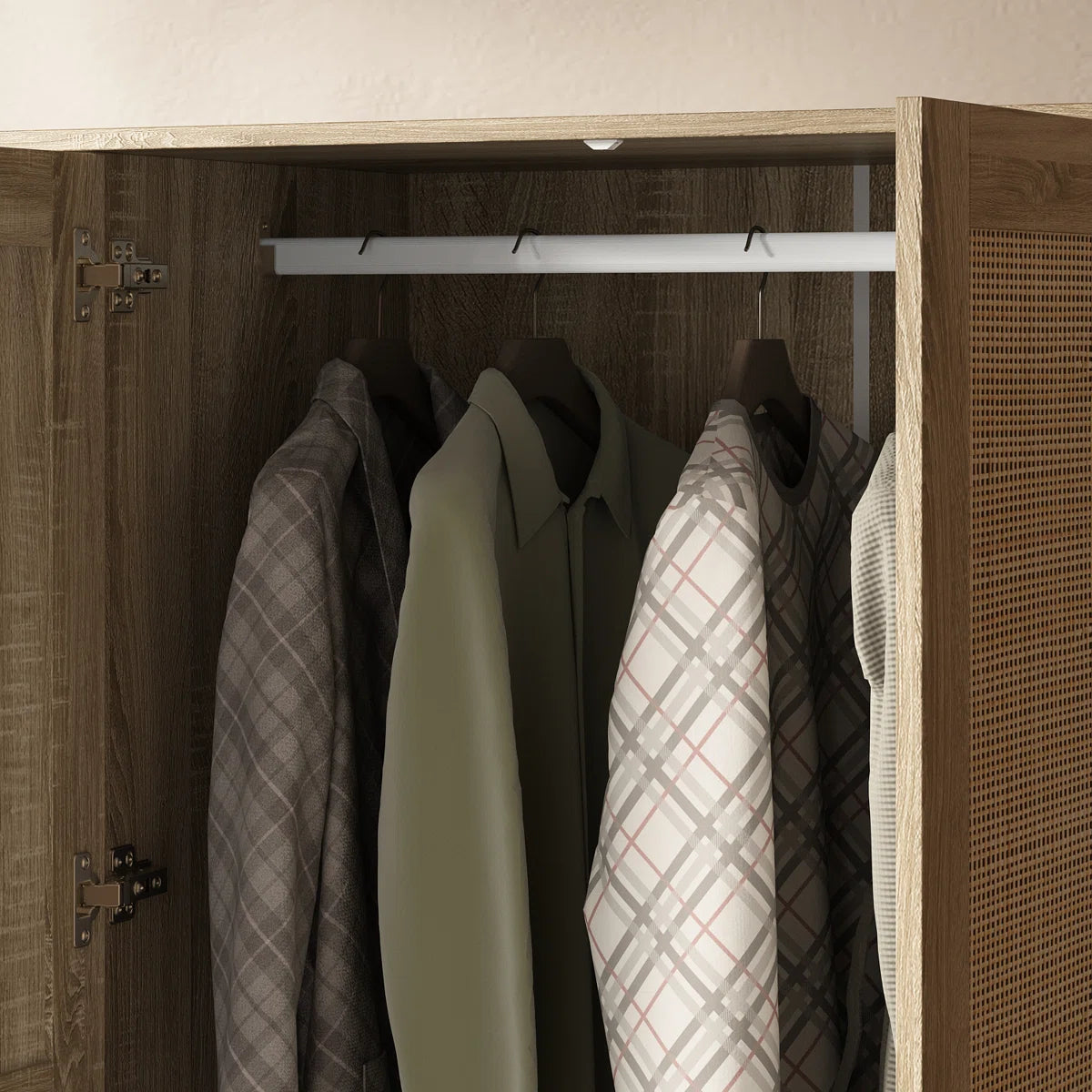 Modern 3-Door Wardrobe With Rattan Panels, Spacious Drawers, And Adjustable Shelving For Bedroom Organization