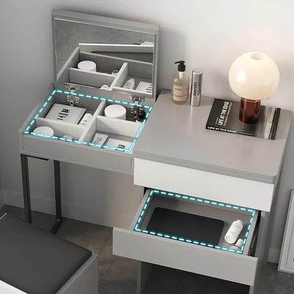 Catalina Gray Makeup Vanity with Mirror Dressing Table with Stool Dressing Table with Makeup Mirror, Modern Vanity Table Desk with & Storage Drawers and Stool for Bedroom, Girls Women - Ouch Cart 