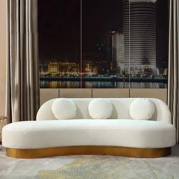 Maricel Gold Velvet Curved Sofa for 3 Seaters with Pillows & Stainless Steel Base - Ouch Cart 