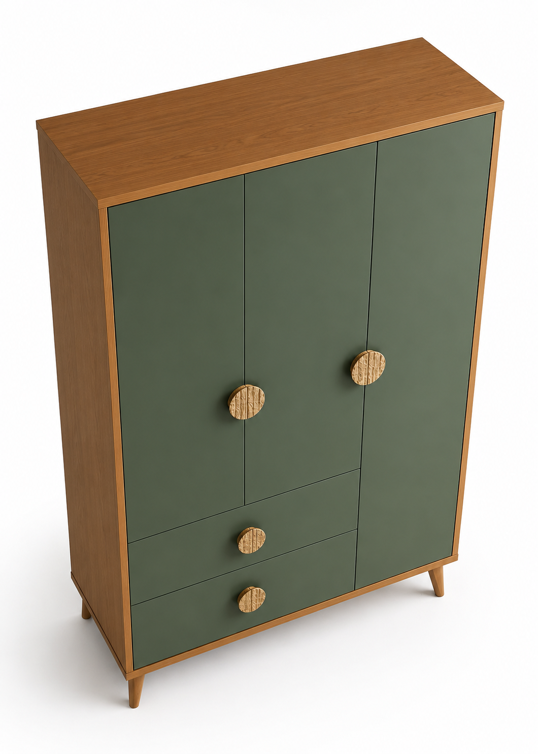 Modern 3 Door Wooden Wardrobe with 2 Drawers | Olive Green Bedroom Almirah | Scandinavian Style Clothes Storage Cabinet