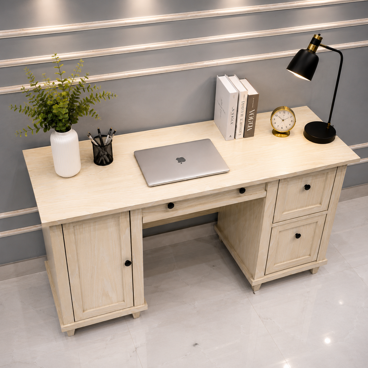 Modern Wooden Office Desk with Storage Cabinet & File Drawers