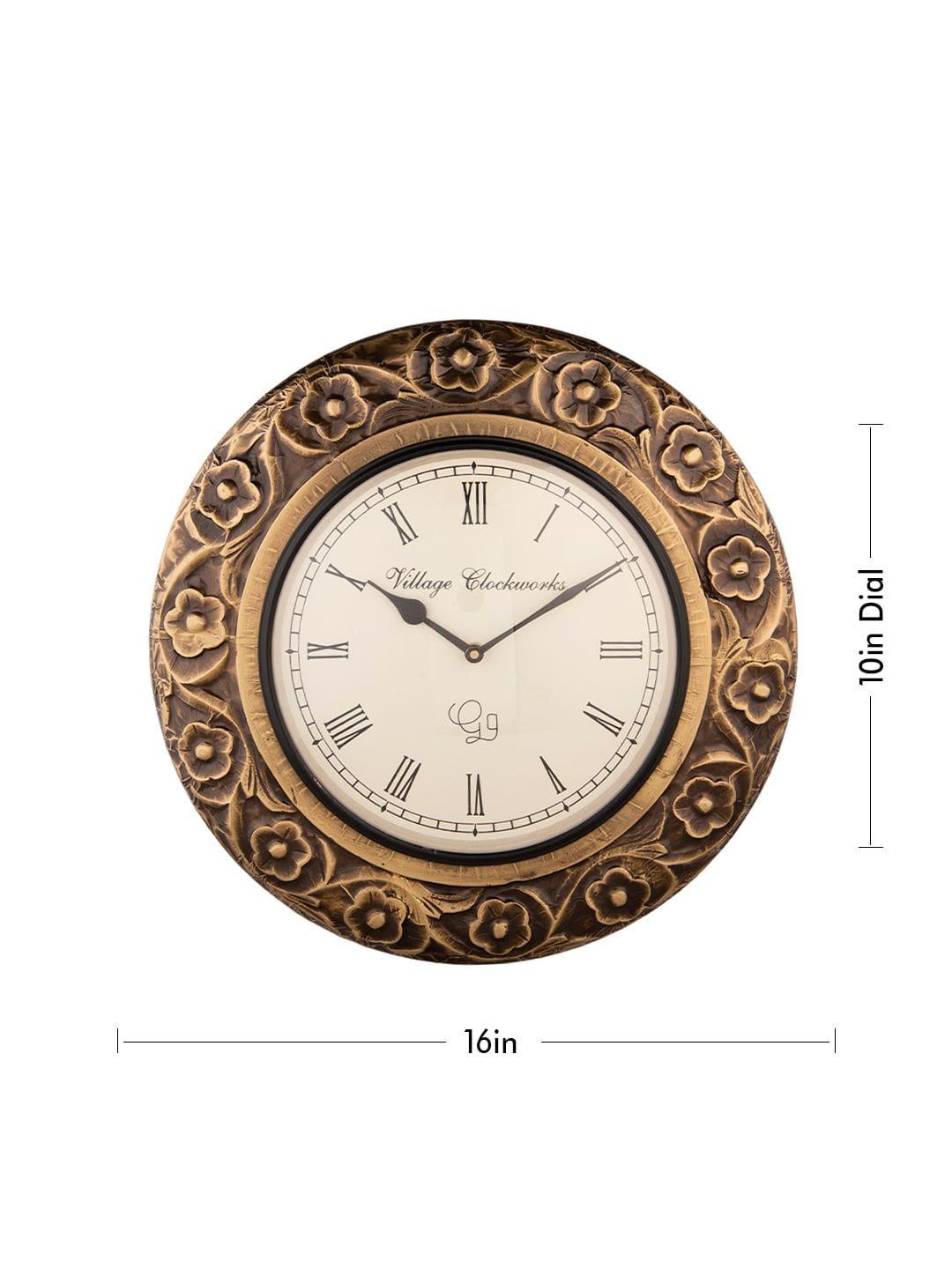 Round Flower Embossed Brass 16 Inches Wall Clock - Ouch Cart 