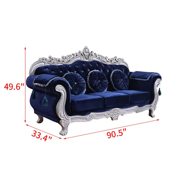 European Style Solid Wood Carved Sofa with Flannel Upholstery