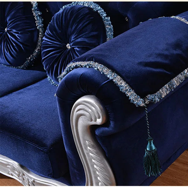 European Style Solid Wood Carved Sofa with Flannel Upholstery