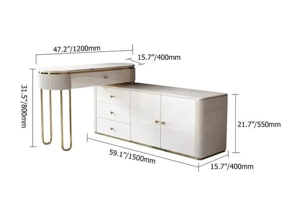 Javiera Modern Marble Top Makeup Vanity Dressing Table with Corner Cabinet, Modern Vanity Desk, Makeup Vanity with LED Mirror and 4 Spacious Drawers, Makeup Desk with Cabinet, Dressing Table with Silent Drawer Slides - Ouch Cart 